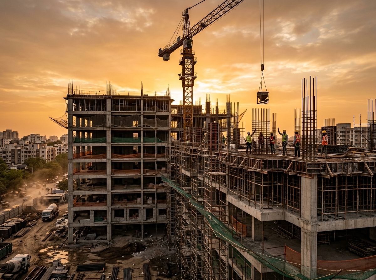 Prakhar India multi-storey RCC construction site at golden hour